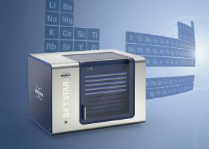 Bruker S4 T-STAR instrument used for high-precision elemental analysis, essential for environmental research. The device is displayed against a background featuring the periodic table of elements.