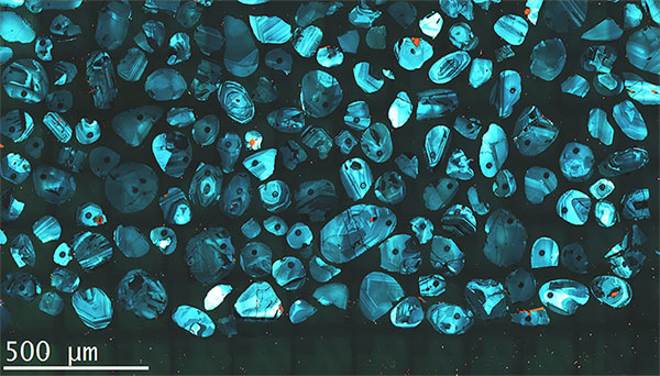 Cathodoluminscence image of zircon grains