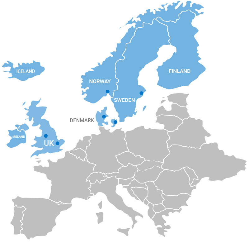 Map of Service Team in the UK and Nordic Region